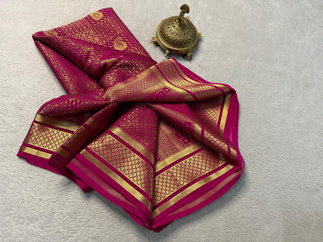Traditional Dark pink Brocade Mysore Silk Saree Soft And Zari Woven