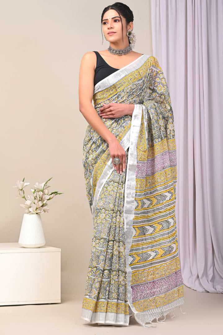 Lightweight Linen Printed Saree Pure Weave With Zari Trim