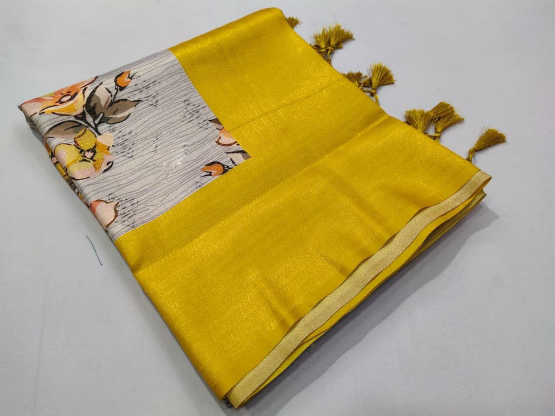 MANGALGIRI SEMI SILK SAREE MEHENDI GREEN AND MUSTARD YELLOW WITH PLAIN BODY AND SMALL SILVER ZARI WOVEN BORDER