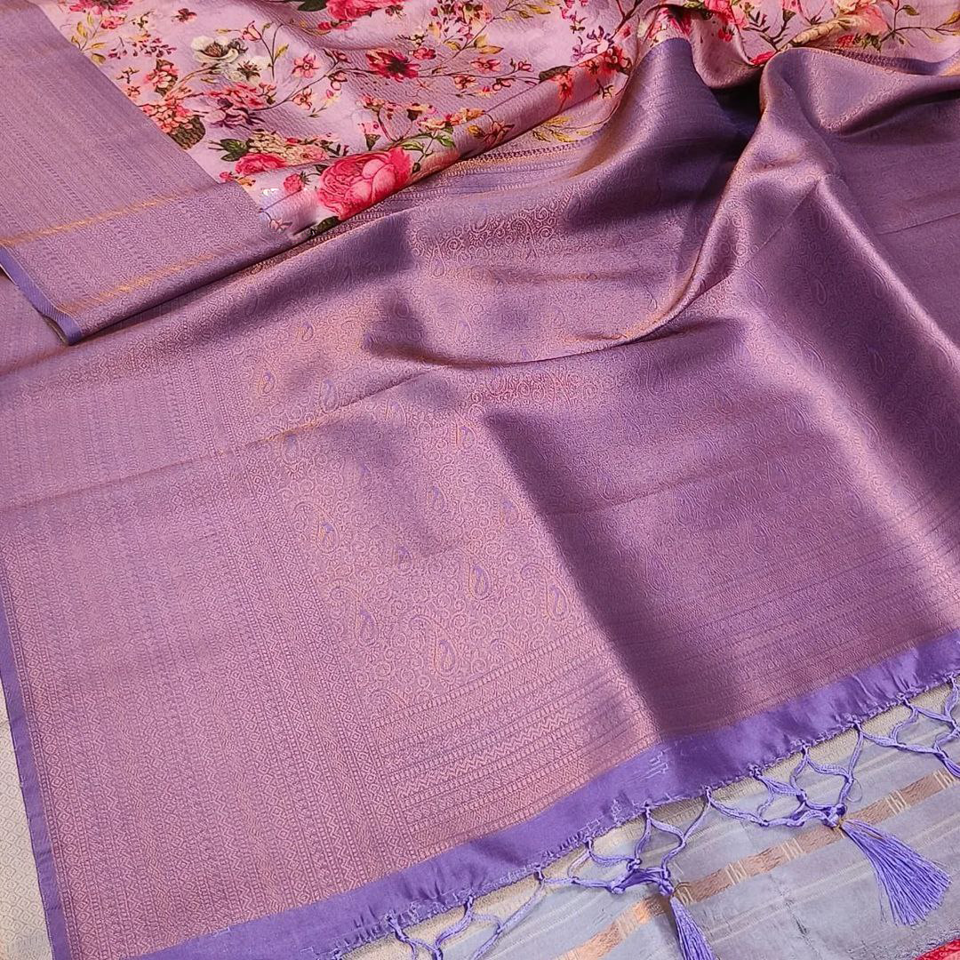 Cultural Purple Soft Silk Kubera Pattu Saree With Artistic Print Work