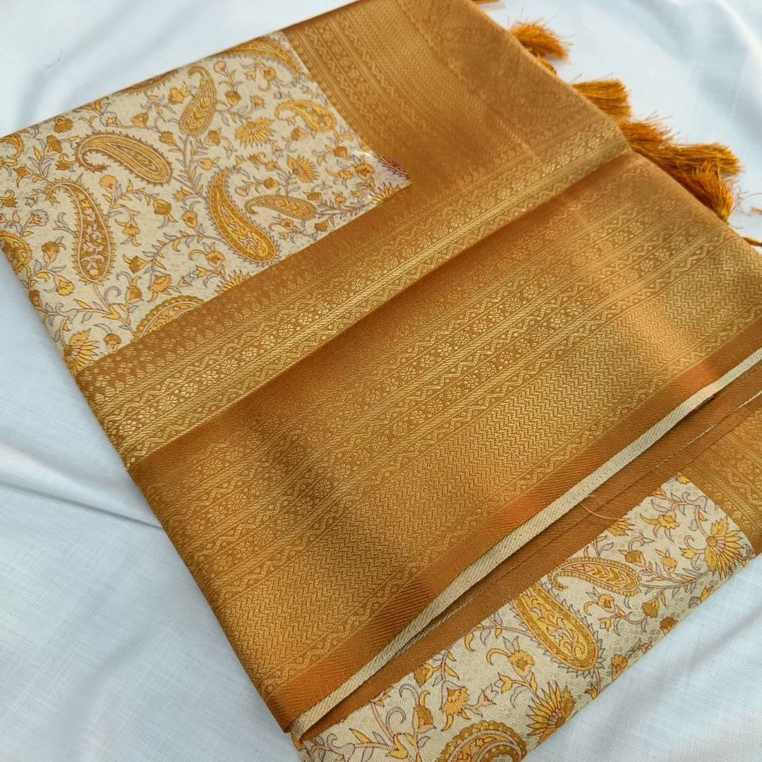 Festive Gold Soft Silk Kubera Pattu Saree With Printed Artistic Motifs