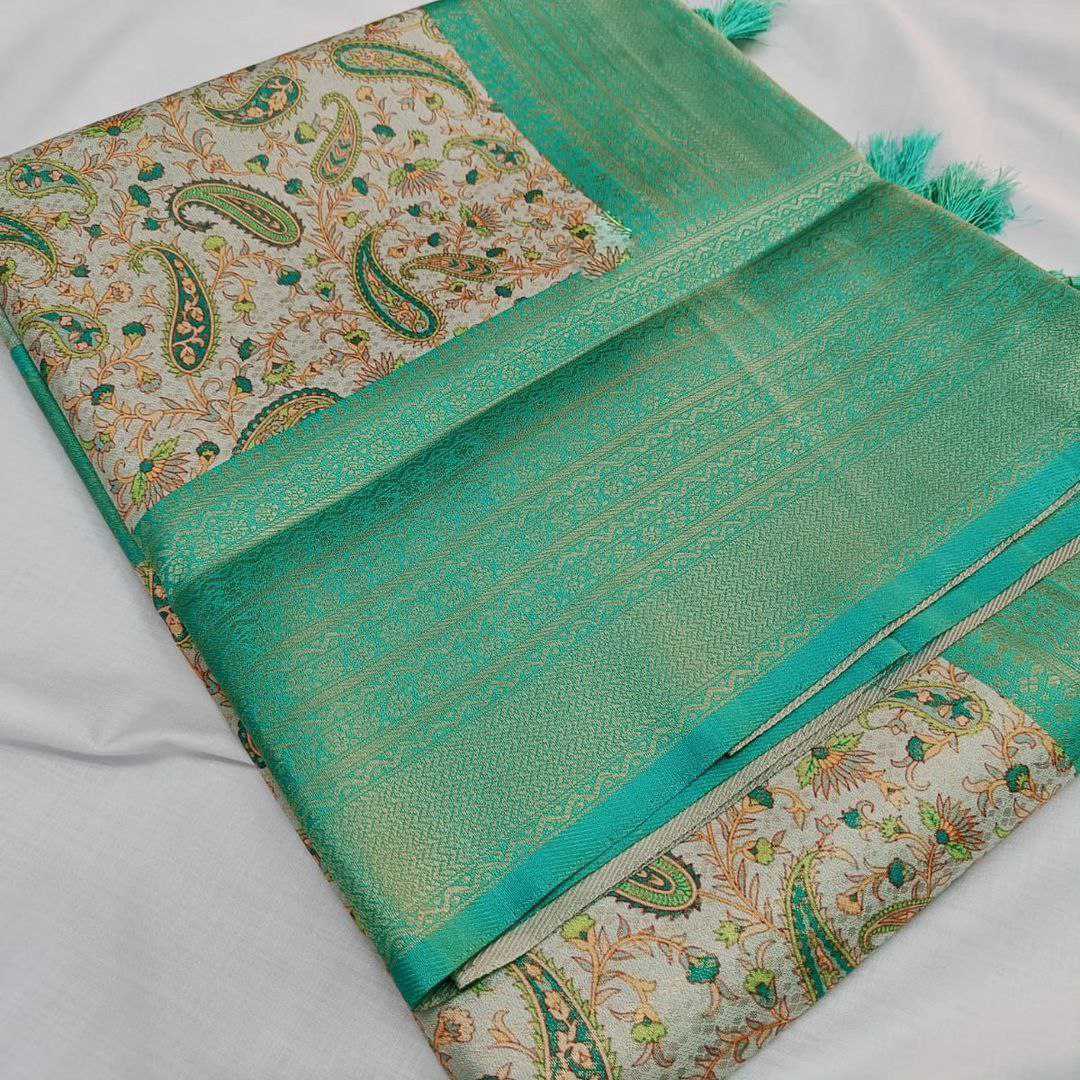 Heritage Green Kubera Pattu Inspired Soft Silk Saree With Modern Prints