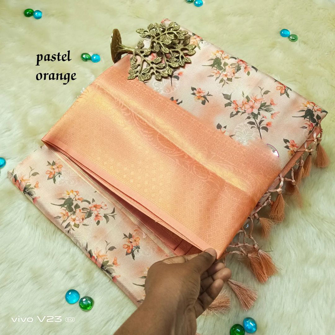 Traditional Orange And Beige Kubera Pattu Soft Silk Saree With Stylish Digital Print