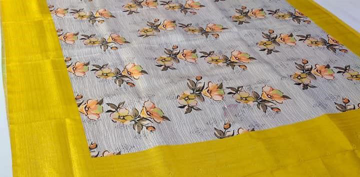 MANGALGIRI SEMI SILK SAREE MEHENDI GREEN AND MUSTARD YELLOW WITH PLAIN BODY AND SMALL SILVER ZARI WOVEN BORDER