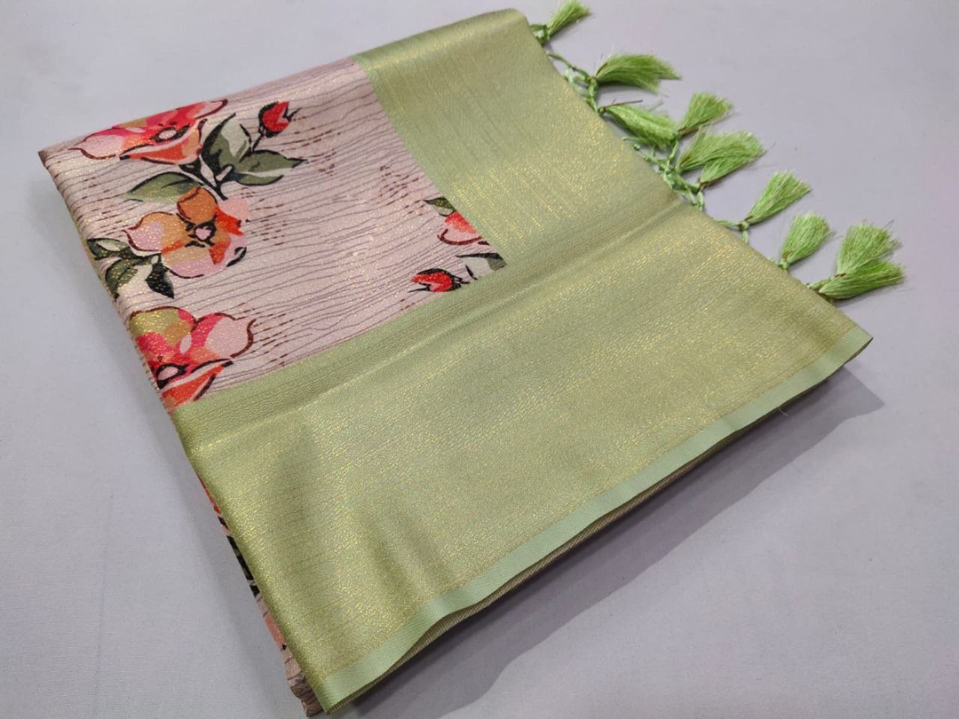 Grey With Green Floral DIgital Print Soft Silk Saree