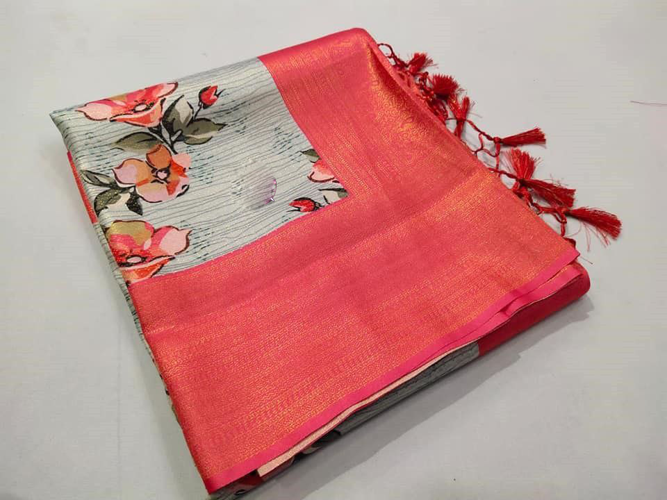 GREY AND PINK GRAND PALLU PURE SOFT SILK KANCHI SAREE