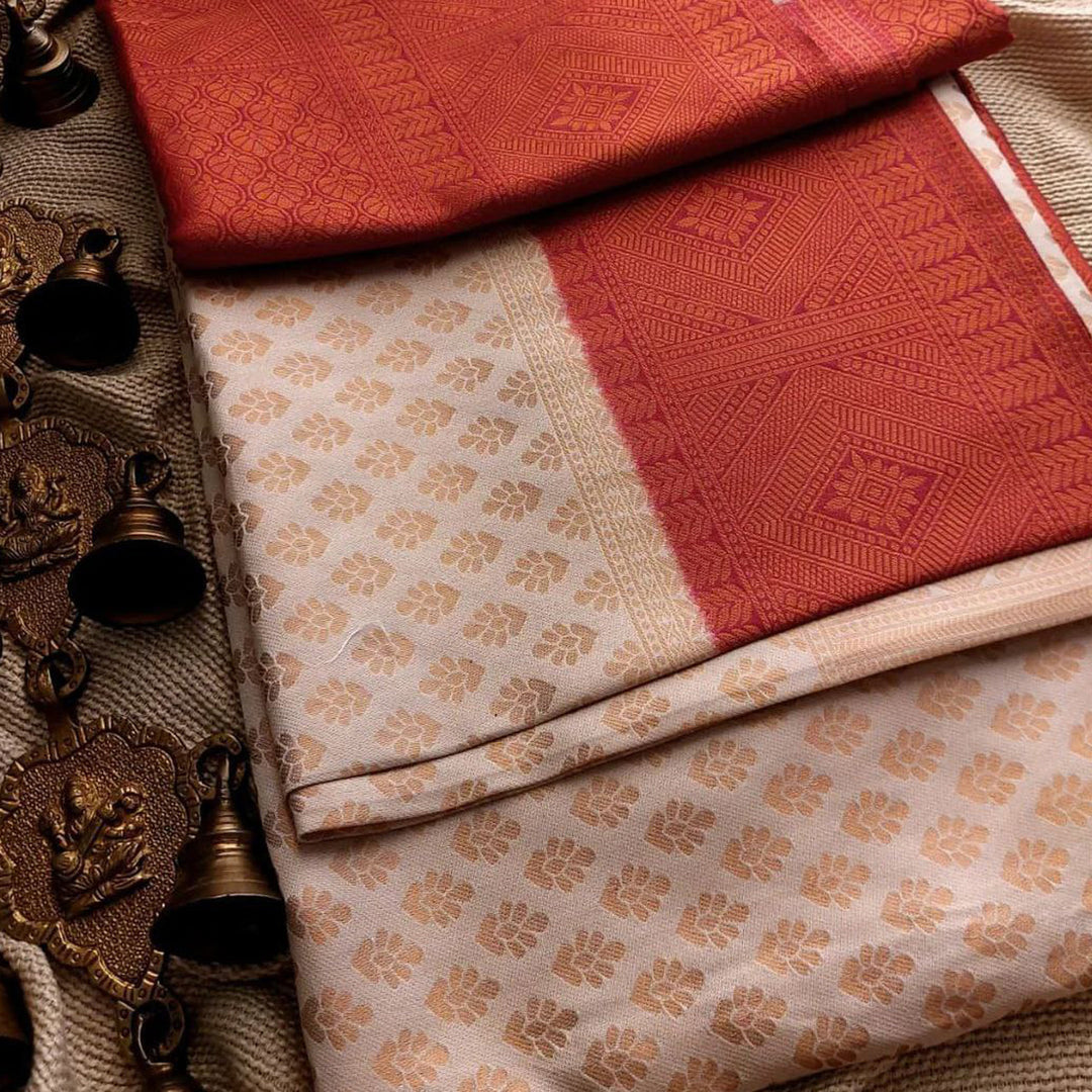 Off White And Red Soft Silk Weaving Work Saree With Unstitched Blouse