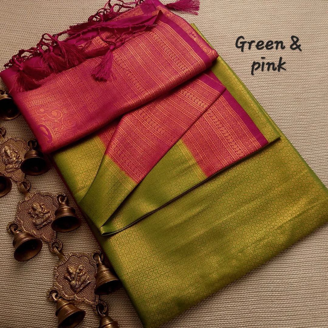 Elegant Green And Red Traditional Soft Silk Saree With Kubera Pattu Border And Contrast Pallu