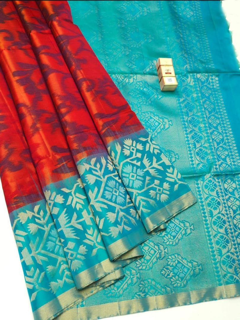 Brick Red & Rama Blue Coloured Soft silk