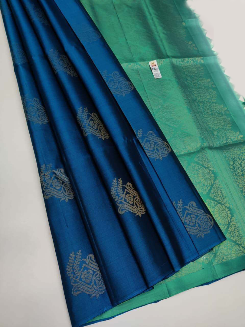 Sky Blue Premium Quality Silk Pure Gold And Silver Zari Big Meena Work Saree