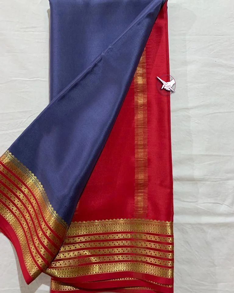 🥰 Exclusive Zari Border Blue nd Red  Colour Plain Mysore Silk Saree.🥰