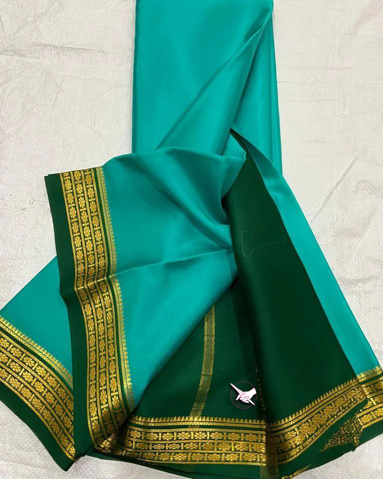 🥰 Floral Zari Border Blue nd Green Colour Plain Mysore Silk Saree.🥰