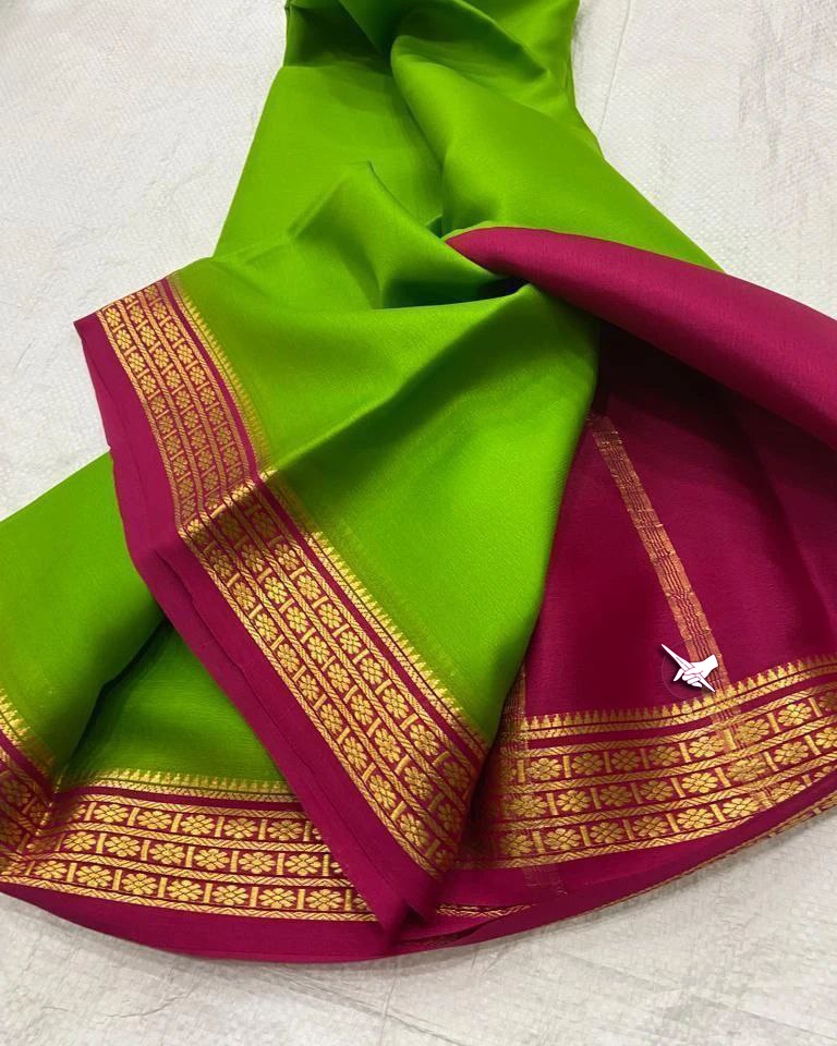 Soft Festive Mysore Silk Saree Light Green And Pink Plain Style With Zari Border And Trendy Blouse