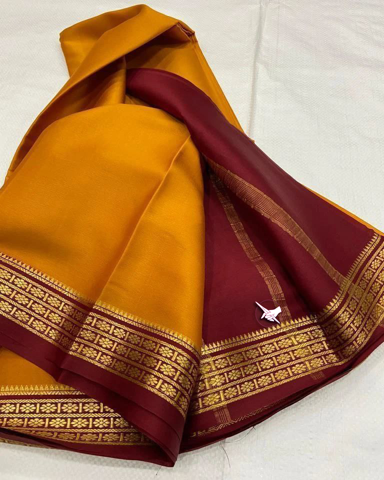 🥰 Exclusive Zari Border Yellow & Maroon combination Colour Semi Mysore Silk Saree.🥰