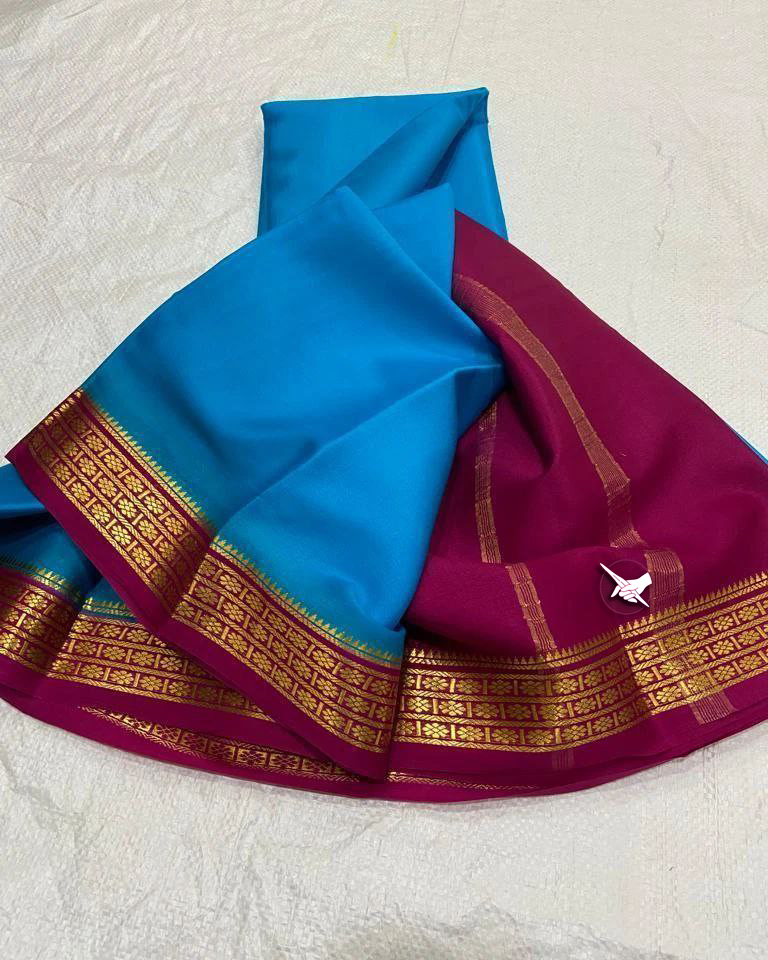 🥰 Exclusive Zari Border Rama nd Pink Colour Semi Mysore Silk Saree.🥰