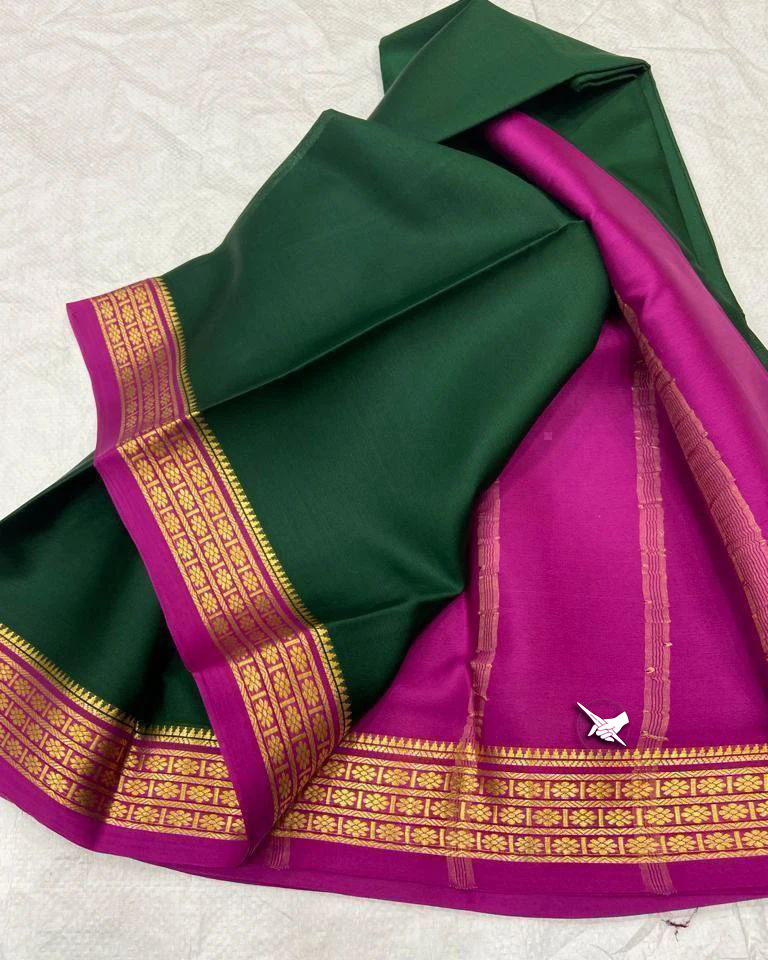 🥰 Exclusive Zari Border Green nd Pink Colour Semi  Mysore Silk Saree.🥰