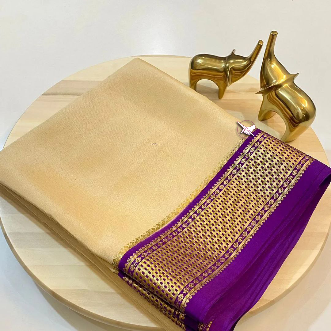 🥰 Exclusive Zari Border orange  nd Purple   Colour Plain Mysore Silk Saree.🥰