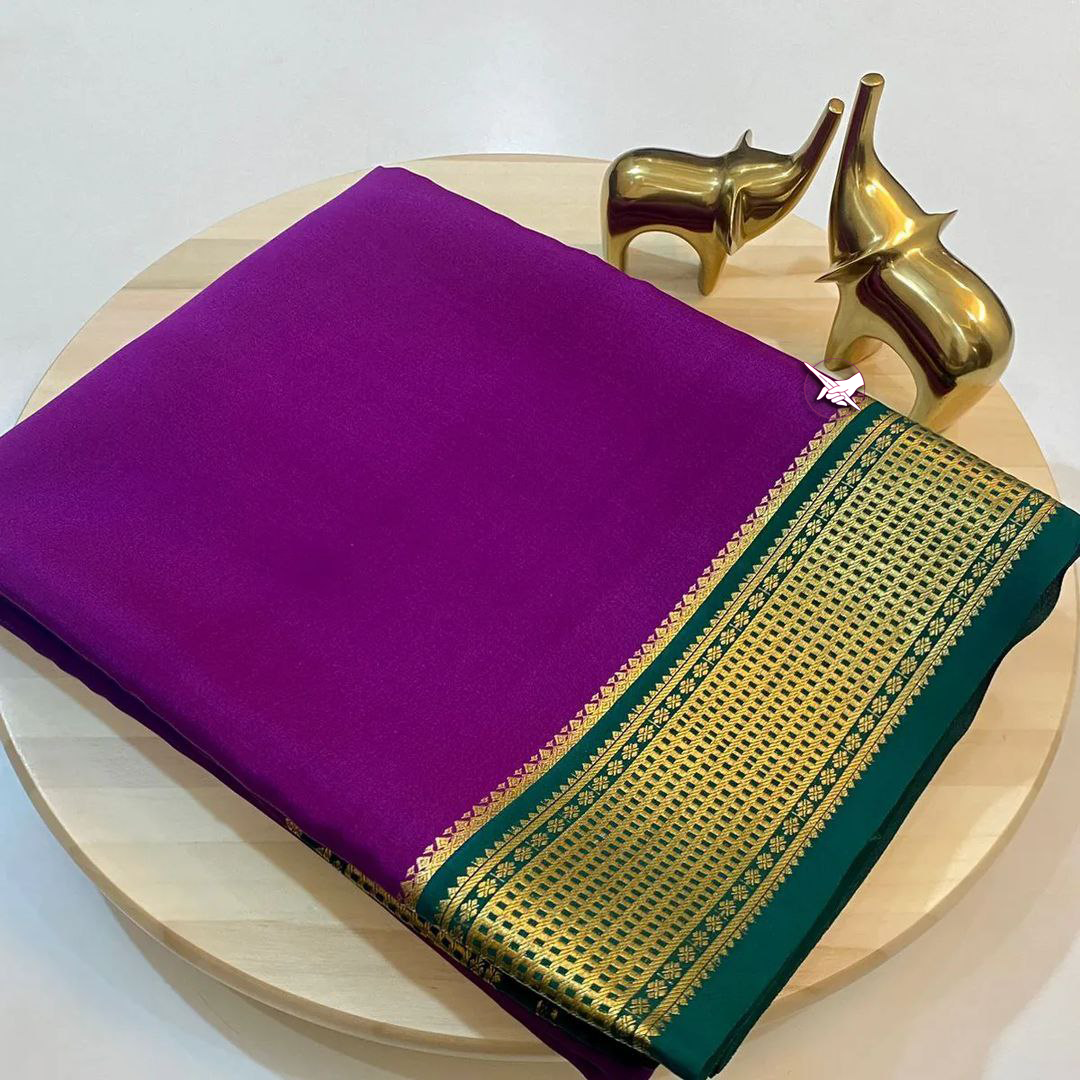 Purple And Green Mysore Silk Fancy Saree Plain Design With Zari Border And Designer Blouse