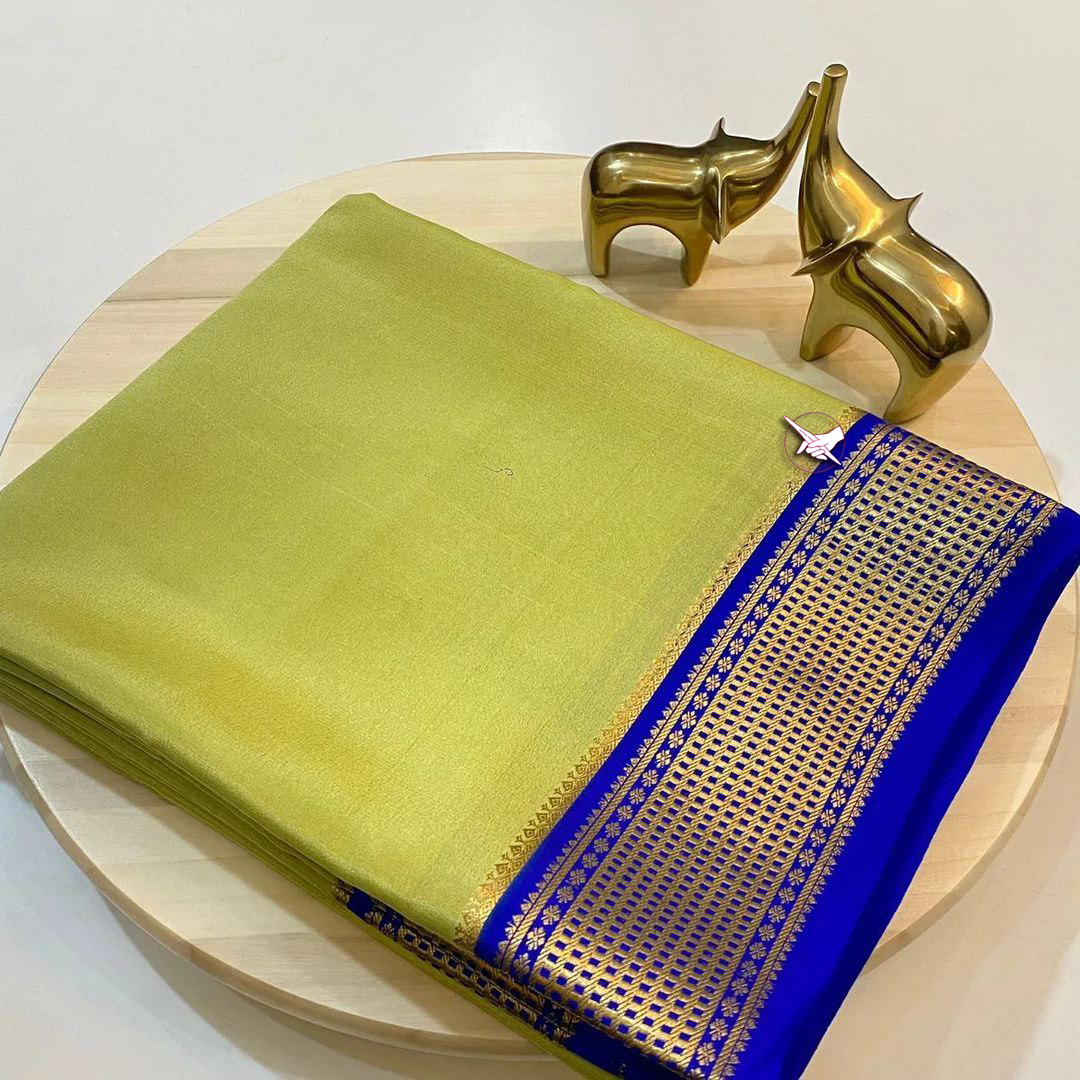 🥰 Exclusive  Zari Border Pista nd Blue Colour Plain Mysore Silk Saree.🥰