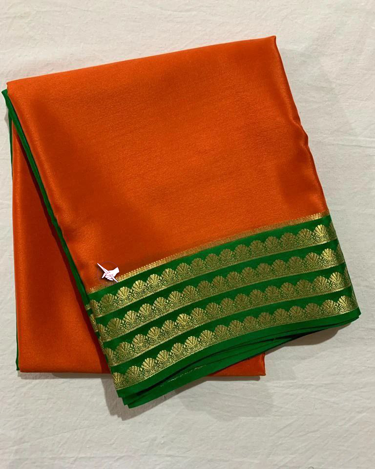 🥰 Exclusive  Zari Border Orange nd Green Colour Plain Mysore Silk Saree.🥰