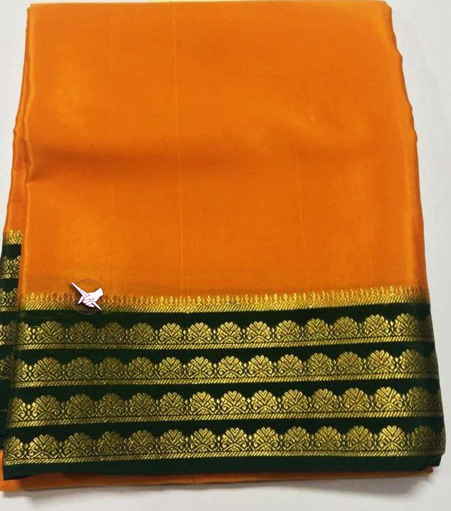 🥰 Exclusive Zari Border Orange nd Green Colour Plain Mysore Silk Saree.🥰