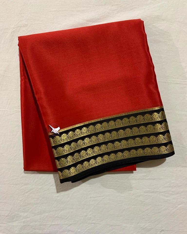 Soft Silk Saree Red And Black Mysore Weave With Enriching Zari Border