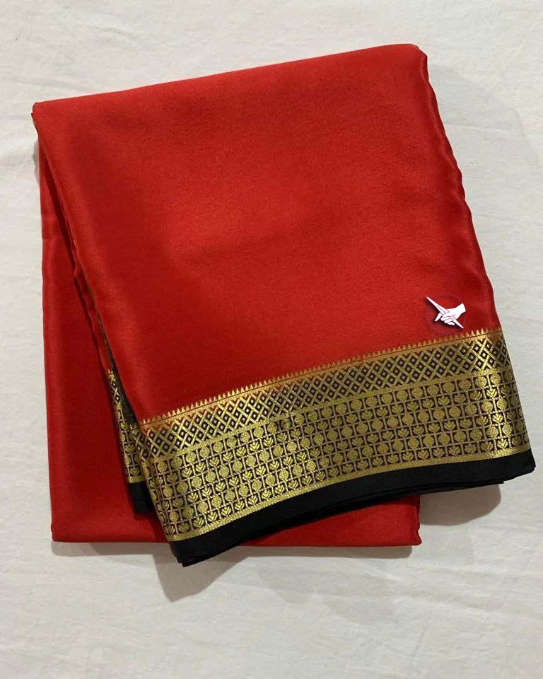 🥰 Exclusive  Zari Border Red nd Black   Colour Plain Mysore Silk Saree.🥰