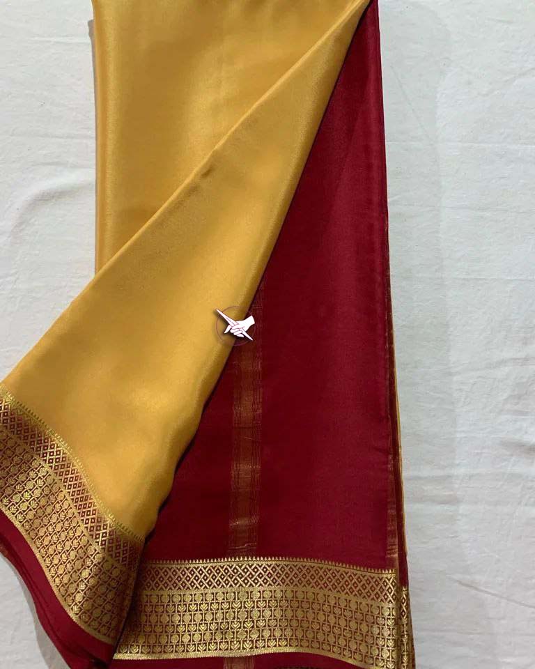 🥰 Exclusive  Zari Border Lemon nd Red Colour Plain Mysore Silk Saree.🥰