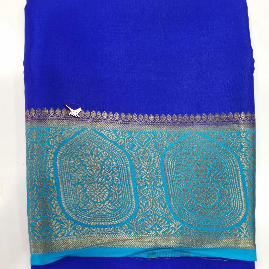 Designer Blue Mysore Silk Traditional Saree With Embellished Zari And Blouse