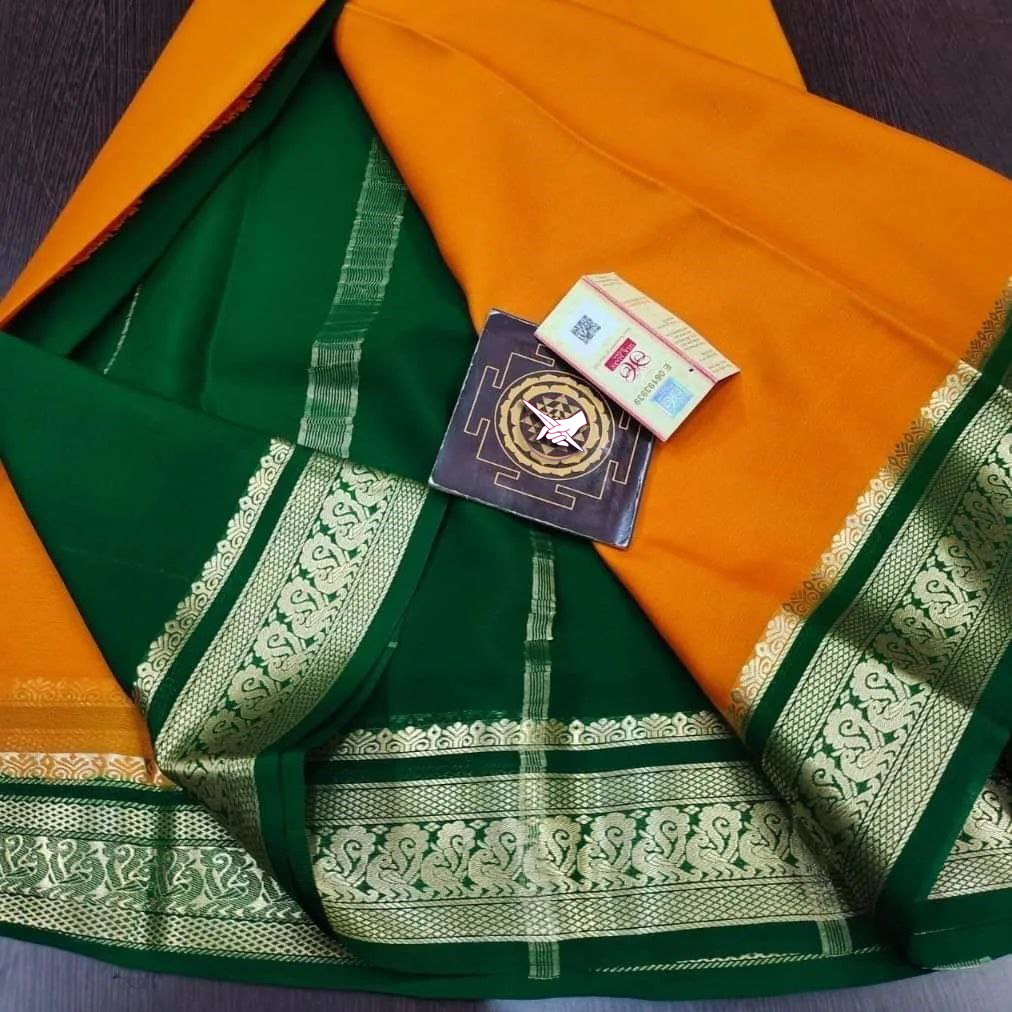 🥰 Exclusive Zari Border Orange  With Green Colour Plain Mysore Silk Saree.🥰