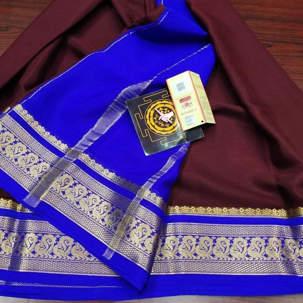 🥰 Exclusive  Zari Border Purple  With Blue Colour Plain Mysore Silk Saree.🥰