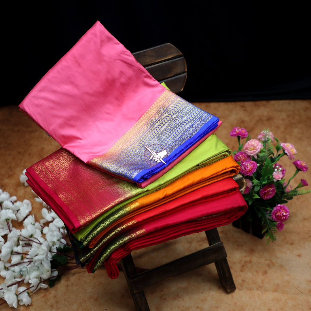 🥰 Exclusive  Zari Border Pink Colour Plain Mysore Silk Saree.🥰