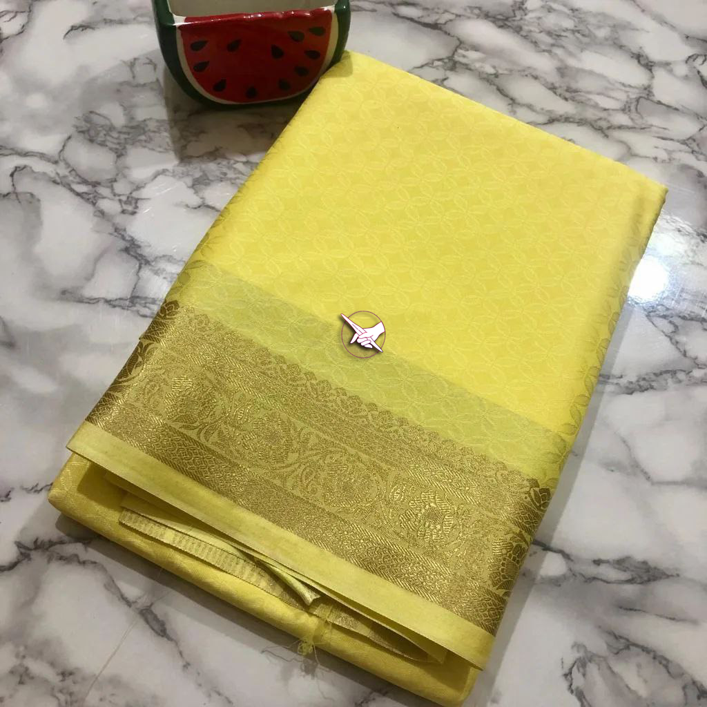 Plain Mysore Silk Saree Yellow Soft Texture With Traditional Zari Border Blouse