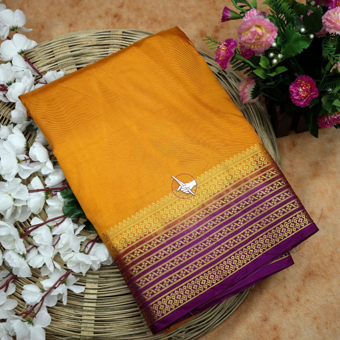 Handpicked Orange And Purple Mysore Soft Silk Saree Plain Silk Weave And Zari Richness