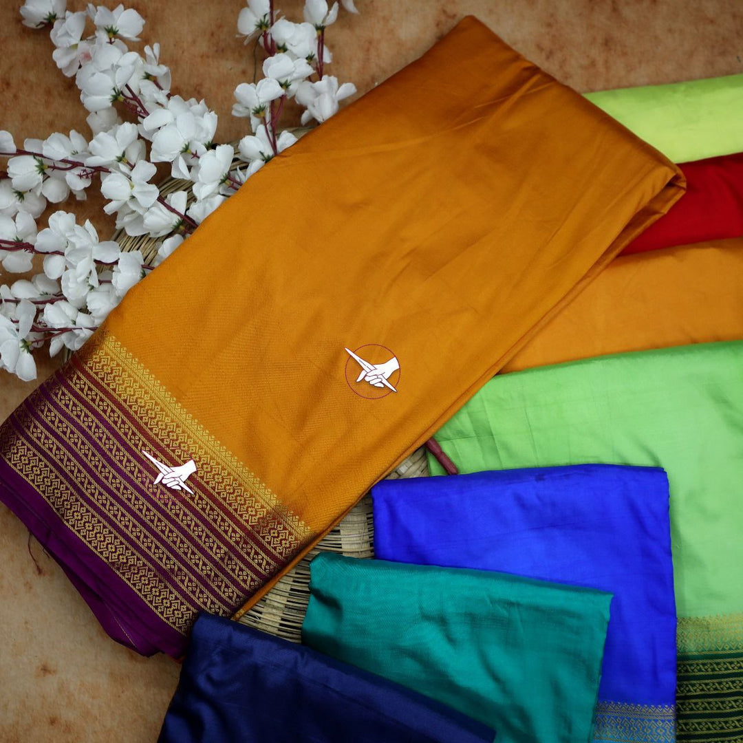Handpicked Orange And Purple Mysore Soft Silk Saree Plain Silk Weave And Zari Richness