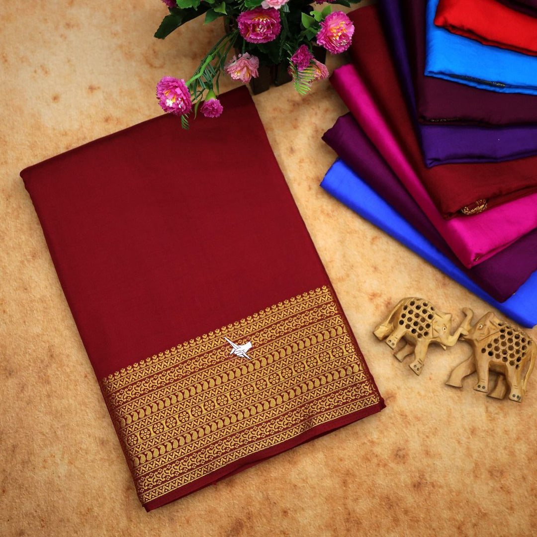 Maroon Plain Soft Silk Mysore Saree With Rich Zari Border And Attached Blouse Piece