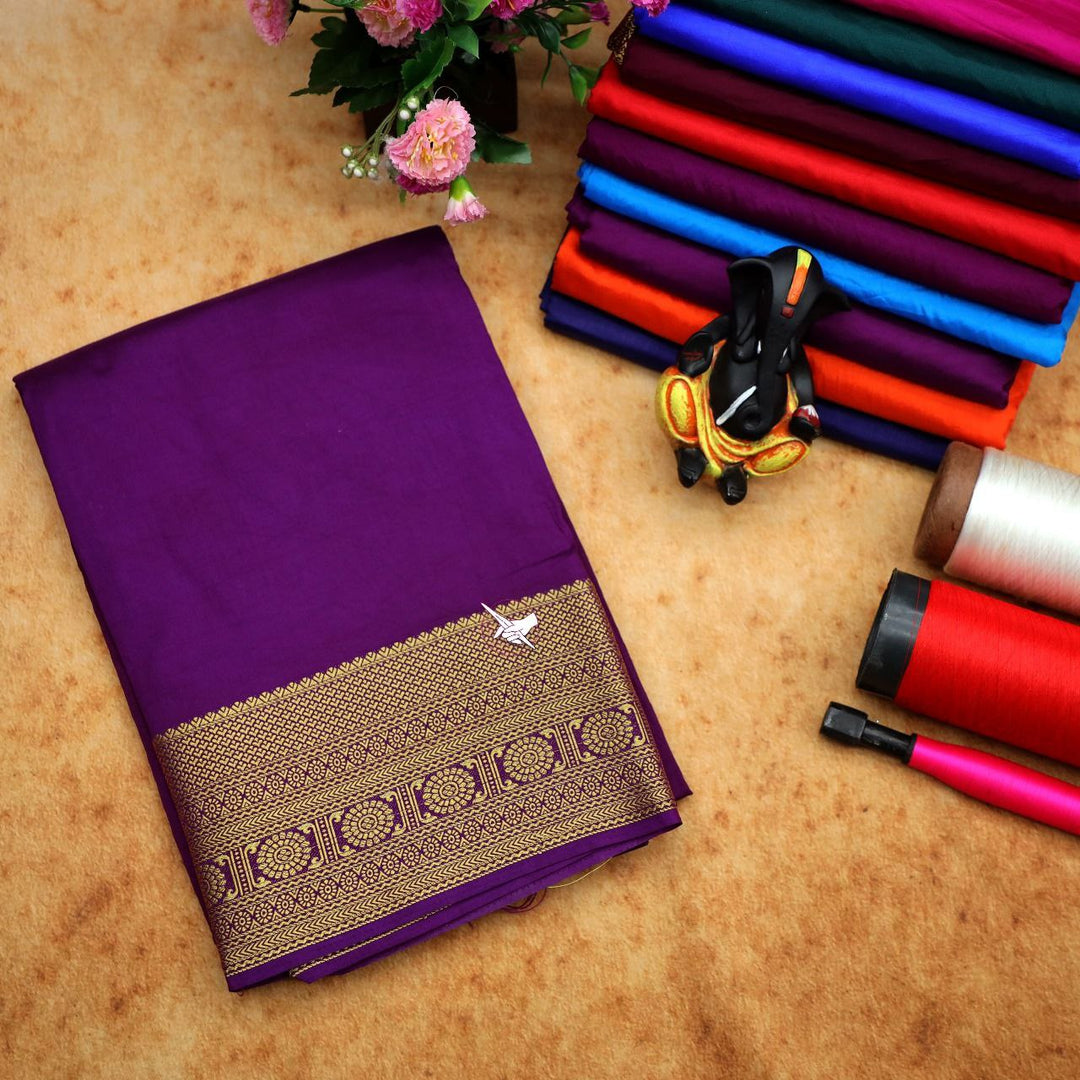 🥰 Exclusive Zari Border Purple Plain Mysore Silk Saree.🥰