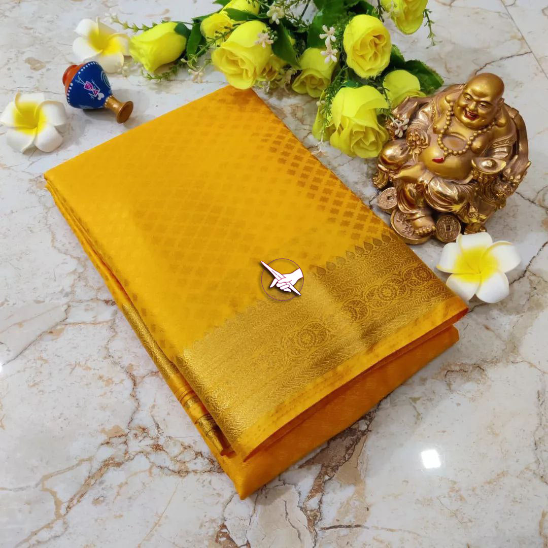 Yellow Plain Pure Mysore Crepe Silk Saree With Minimal Border And Trendy Blouse
