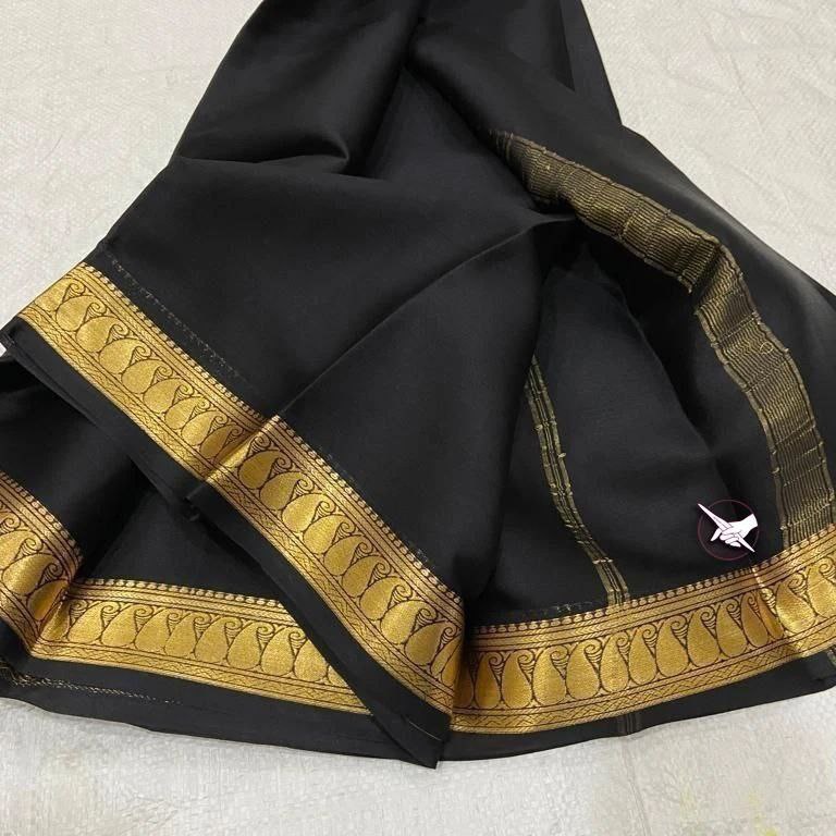 Black Mysore Crepe Silk Saree Simple Plain Body Subtle Border And Blouse Material