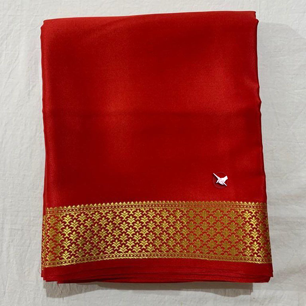 🥰 Floral Zari Border Red  Plain Mysore Silk Saree.🥰