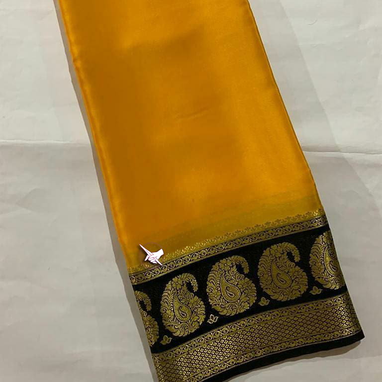 Authentic Yellow And Green Plain Mysore Silk Saree Traditional Look With Zari Embellishment