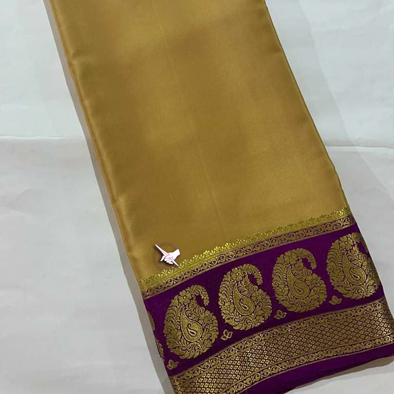 🥰 Exclusive  Zari Border Gold Colour Plain Mysore Silk Saree.🥰