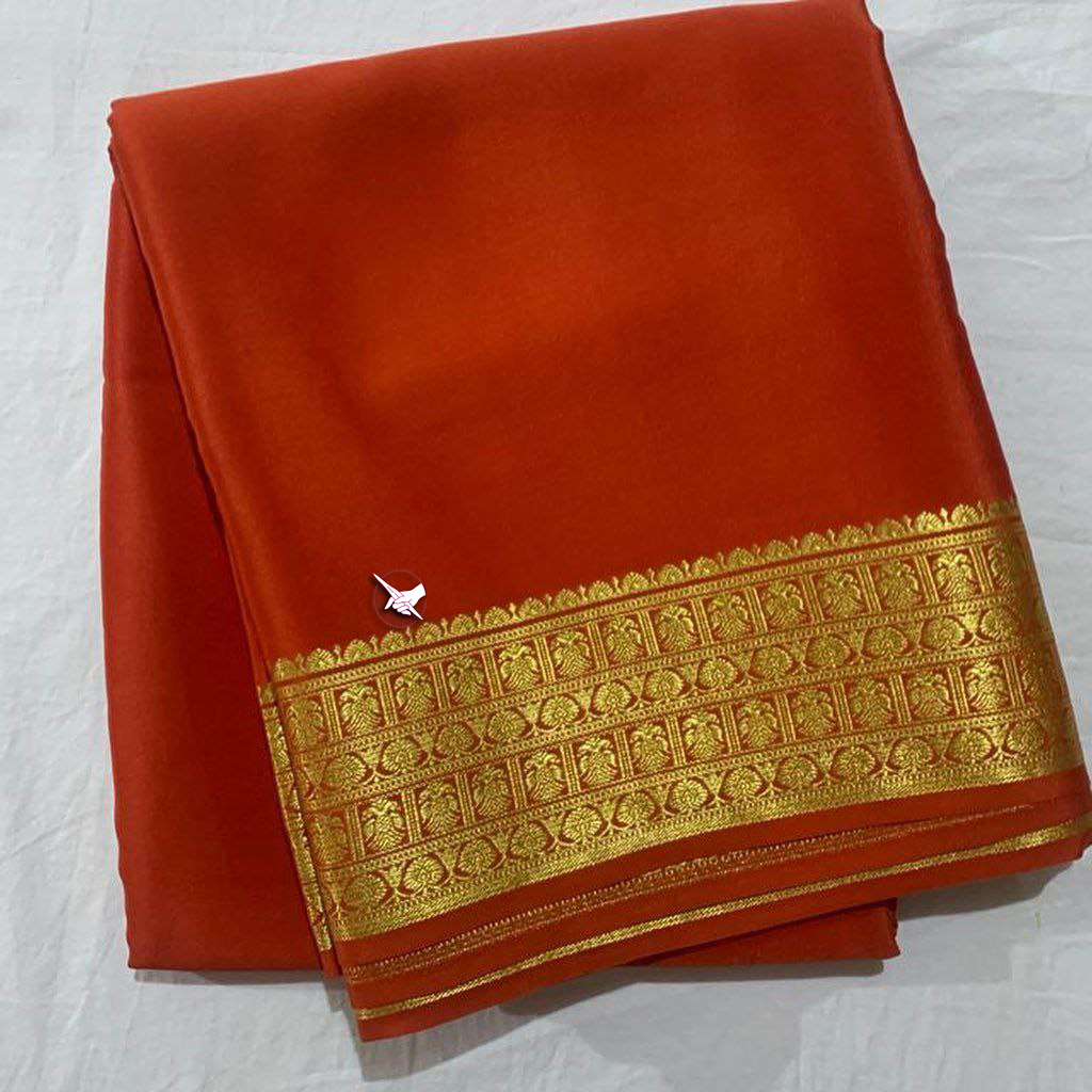 🥰 Exclusive  Zari Border Orange  Plain Mysore Silk Saree.🥰