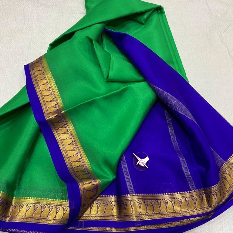 Plain Green And Purple Mysore Silk Saree Soft Texture And Zari Embellishment