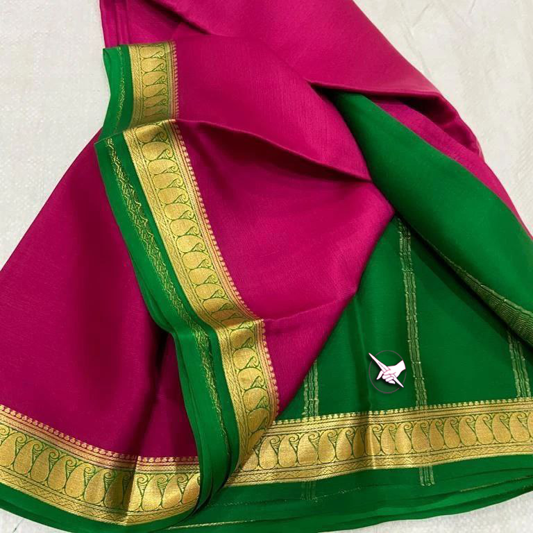 🥰 Exclusive  Zari Border Pink  nd Green Colour Plain Mysore Silk Saree.🥰