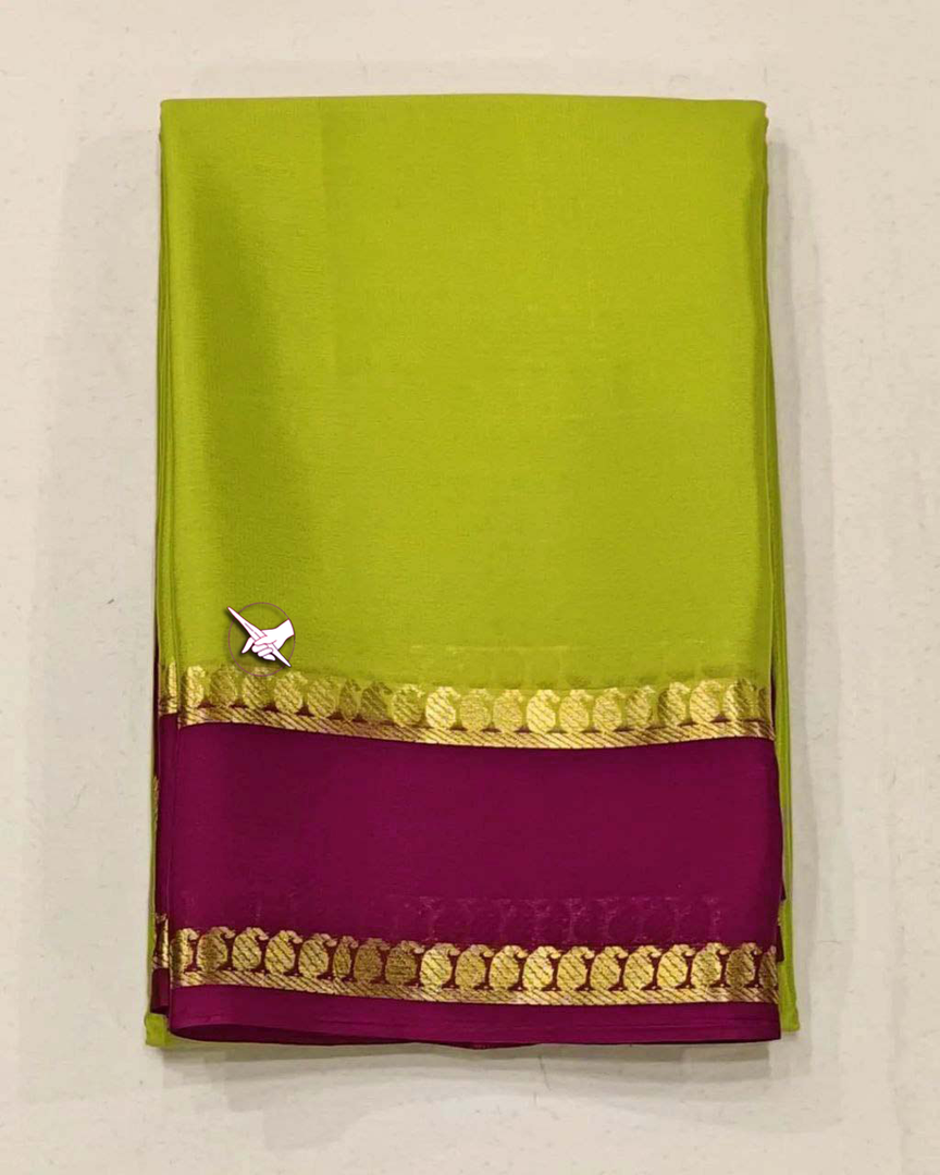 Soft And Stylish Mysore Saree Lemon Gold And Purple Timeless Zari Edging For Graceful Look