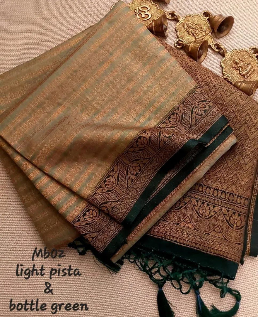 Radiant Beige And Light Green Soft Silk Saree With Classic Contrast Border And Kubera Pattu Design