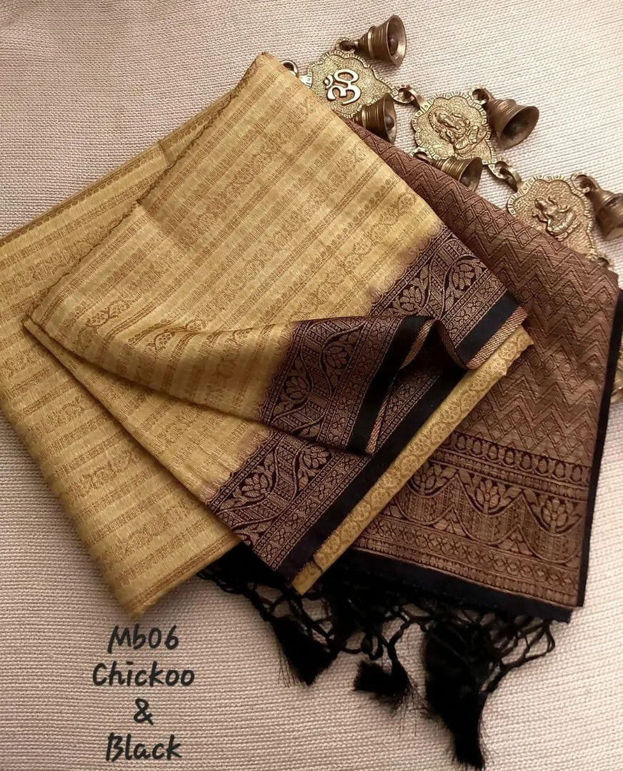 Radiant Beige And Light Green Soft Silk Saree With Classic Contrast Border And Kubera Pattu Design