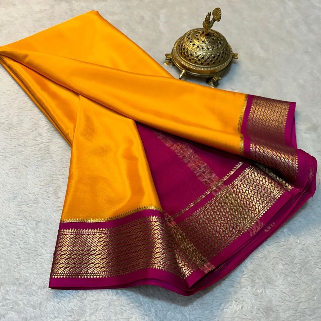 🥰 Exclusive  Zari Border Orange with Pink  Colour Plain Mysore Silk Saree.🥰