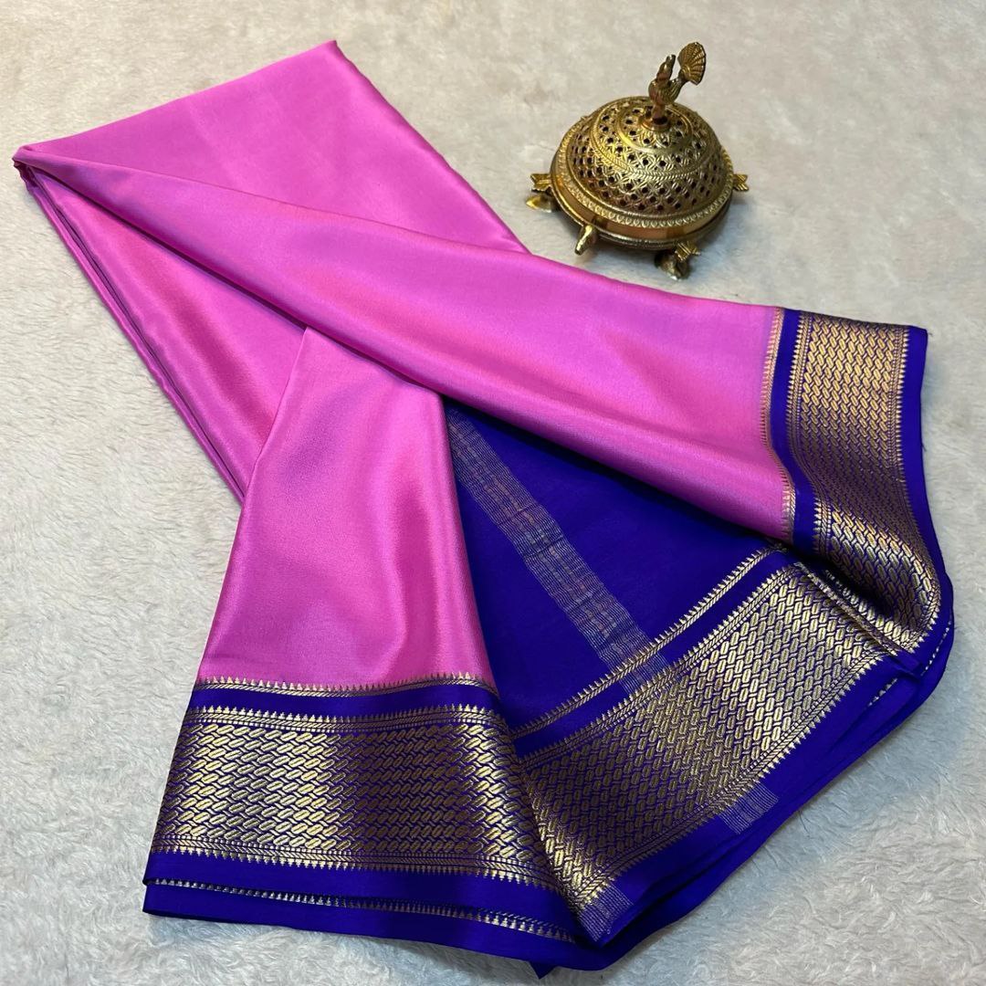 🥰 Exclusive Zari Border White with Pink  Colour Plain Mysore Silk Saree.🥰